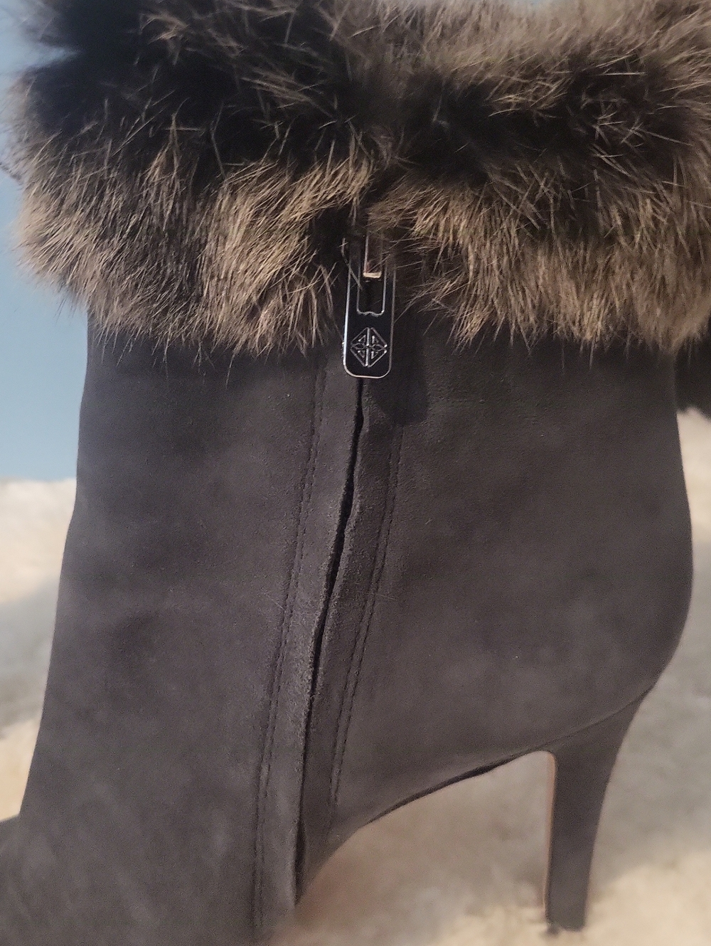 ANTONIO MELANIš©¶ "KYLAN" Charcoal Gray Faux-Fur Trim Stiletto Heel Booties - Picture 5 of 11